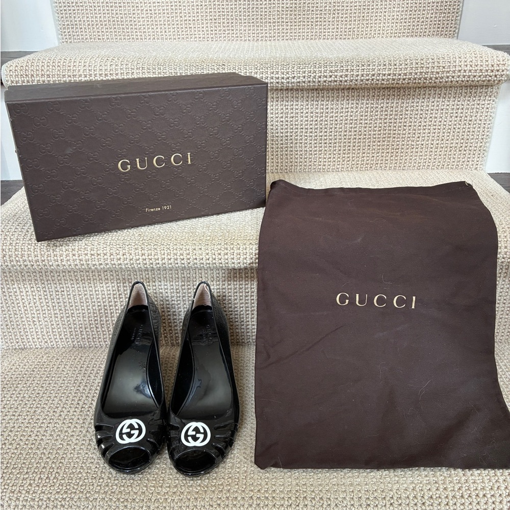 Gucci Marola Black Jelly Peep-Toe Wedge Heels